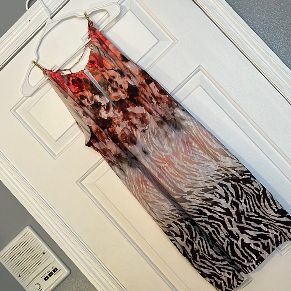 Bebe tropical coral/tan dress